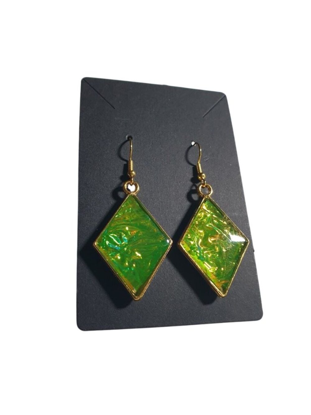 Green Gold Tone Dangle Earring Iridescent Diamond Shape Lightweight Acrylic Hook
